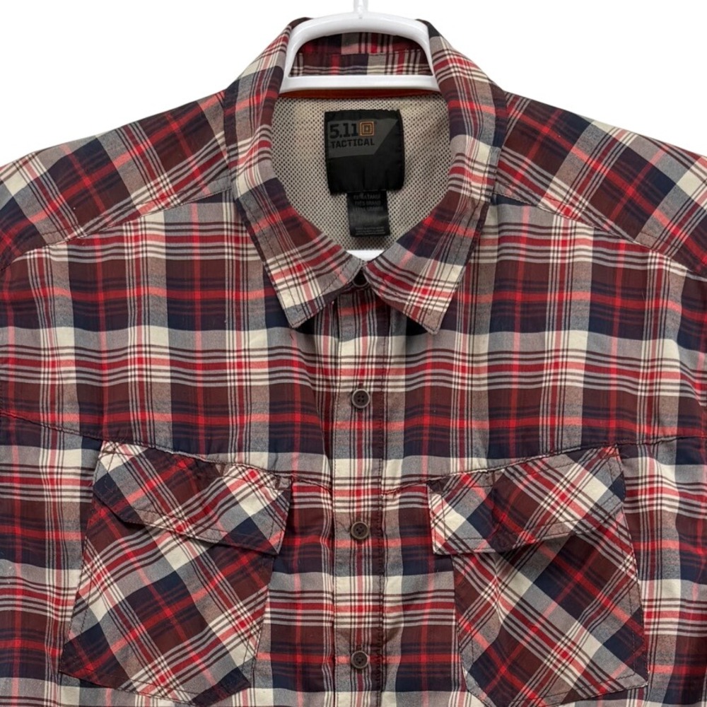 5.11 Tactical Mens XL Short Sleeve Plaid Button Down Shirt Red Navy Mesh Lined